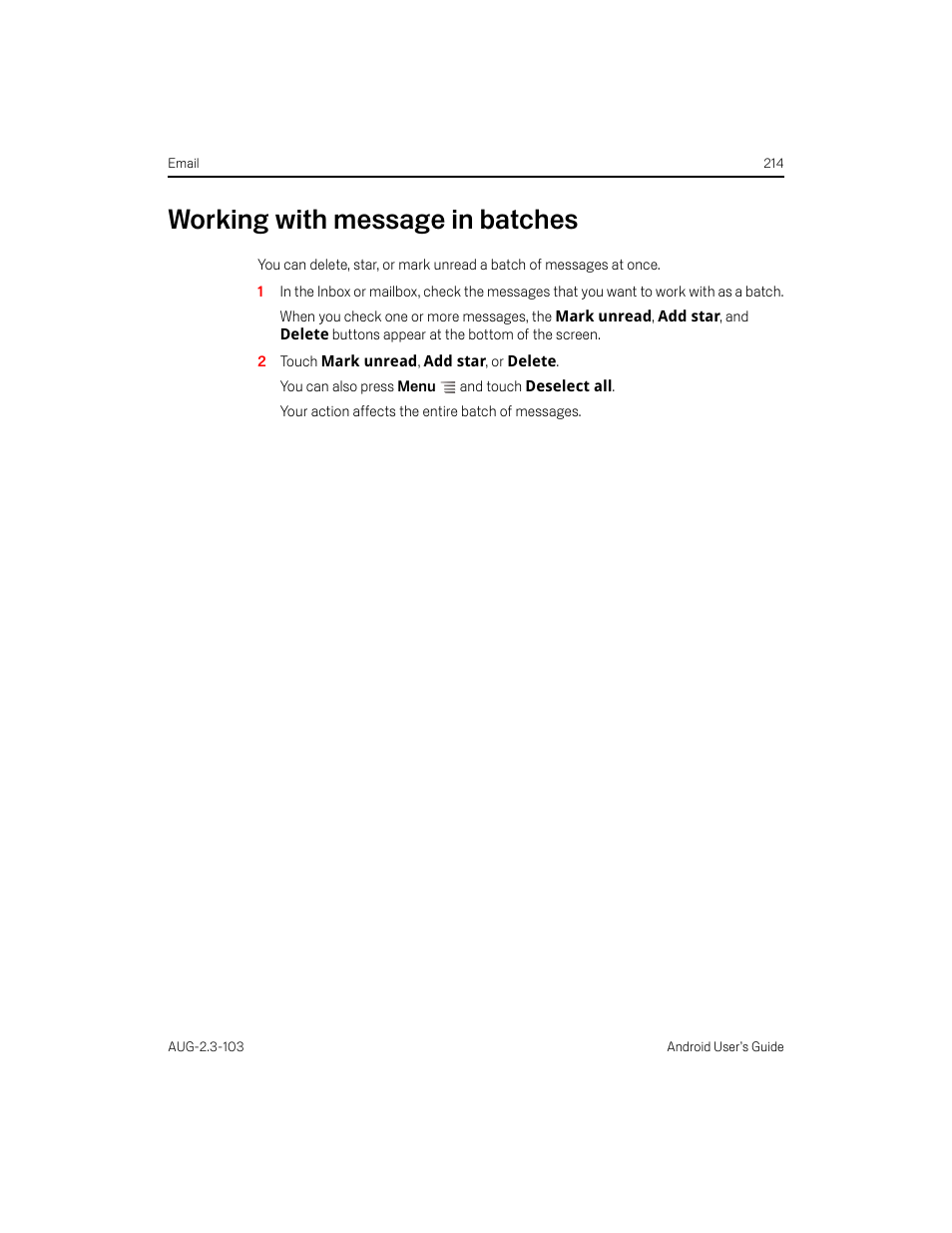 Working with message in batches, Working with message in batches 214 | Samsung Android 2.3 User Manual | Page 214 / 380