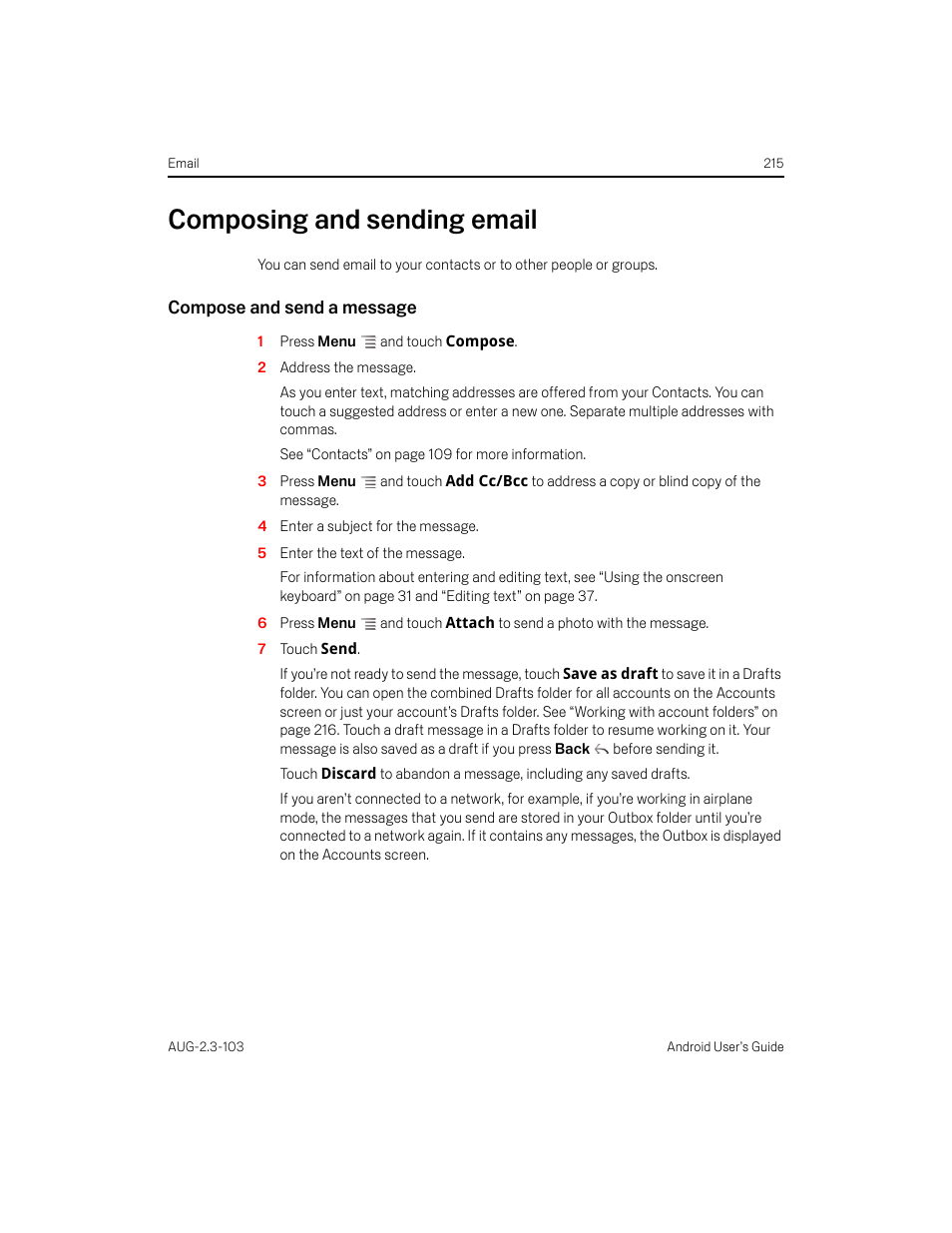 Composing and sending email, Compose and send a message, Composing and sending email 215 | Samsung Android 2.3 User Manual | Page 215 / 380