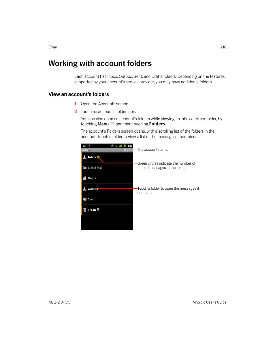 Working with account folders, View an account’s folders, Working with account folders 216 | Samsung Android 2.3 User Manual | Page 216 / 380