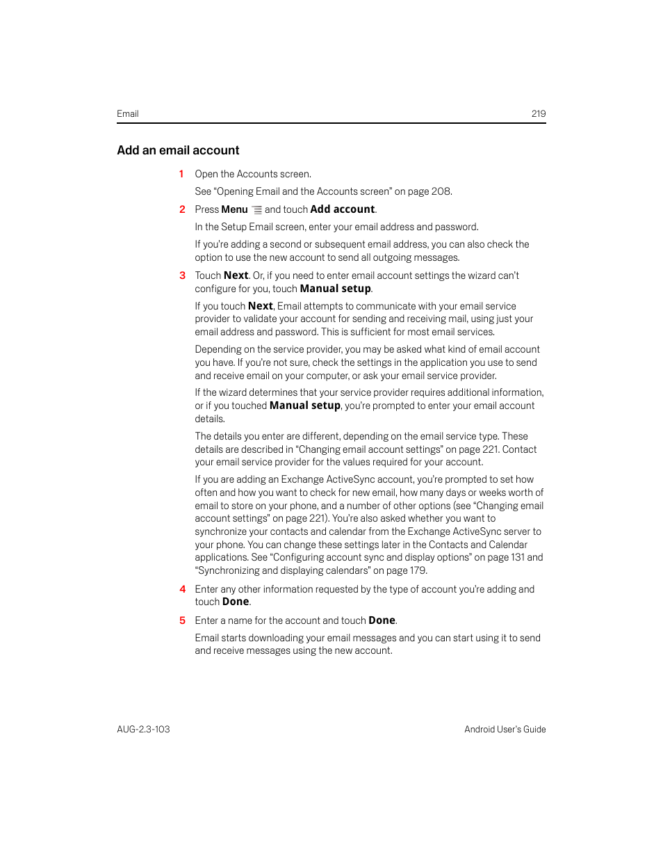 Add an email account | Samsung Android 2.3 User Manual | Page 219 / 380