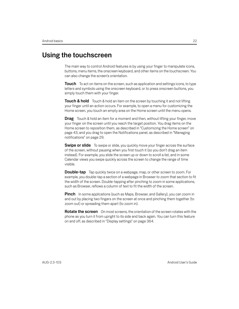 Using the touchscreen, Touch, Touch & hold | Drag, Swipe or slide, Double-tap, Pinch, Rotate the screen, Using the touchscreen 22 | Samsung Android 2.3 User Manual | Page 22 / 380