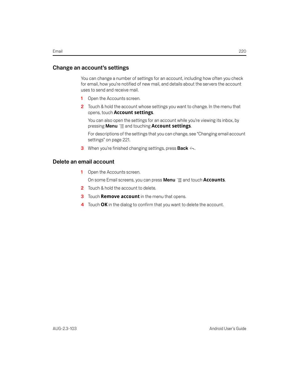 Change an account’s settings, Delete an email account | Samsung Android 2.3 User Manual | Page 220 / 380
