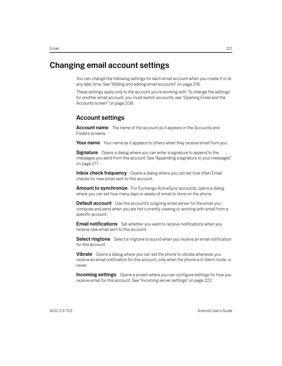 Changing email account settings, Account settings, Account name | Your name, Signature, Inbox check frequency, Amount to synchronize, Default account, Email notifications, Select ringtone | Samsung Android 2.3 User Manual | Page 221 / 380