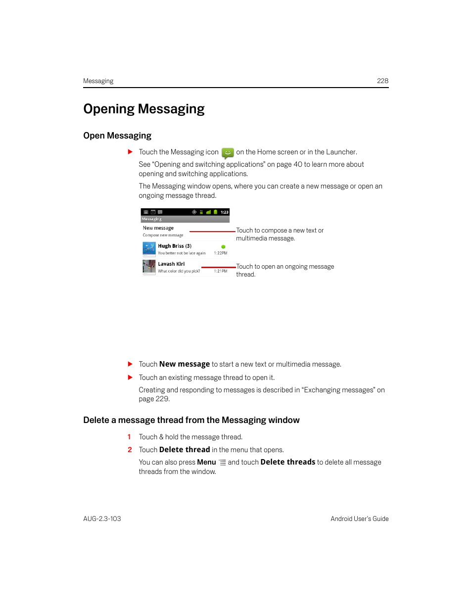 Opening messaging, Open messaging, Delete a message thread from the messaging window | Opening messaging 228 | Samsung Android 2.3 User Manual | Page 228 / 380