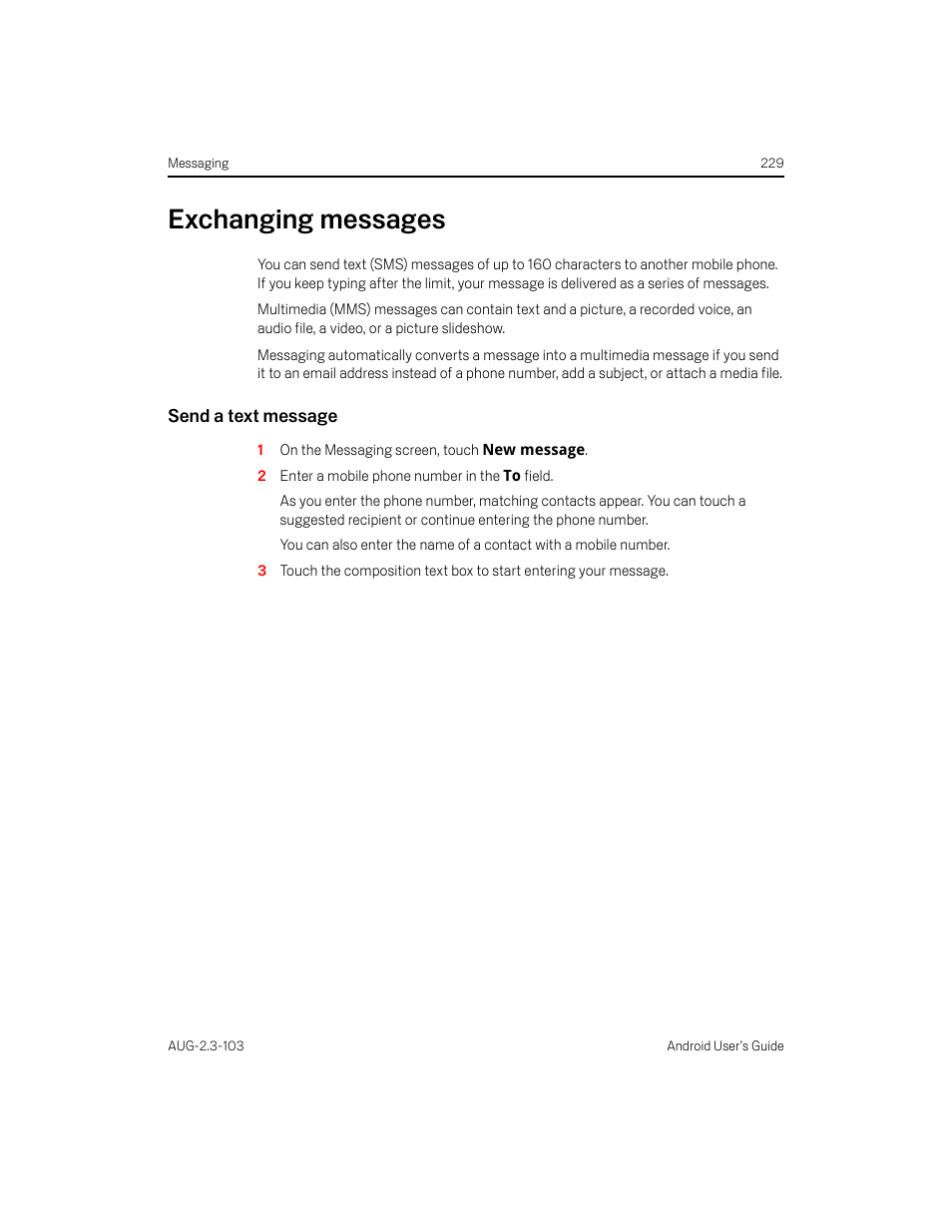 Exchanging messages, Send a text message, Exchanging messages 229 | Samsung Android 2.3 User Manual | Page 229 / 380