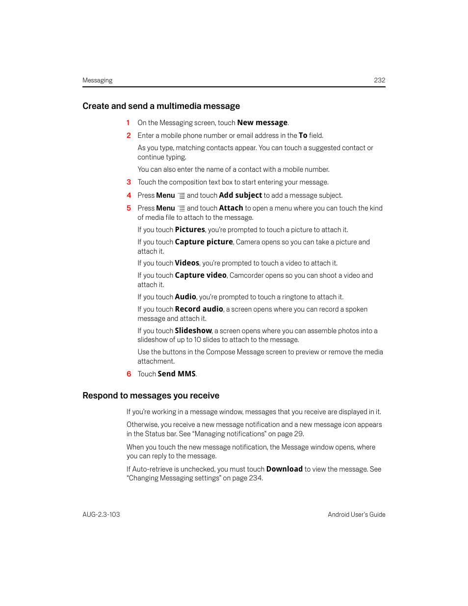 Create and send a multimedia message, Respond to messages you receive | Samsung Android 2.3 User Manual | Page 232 / 380