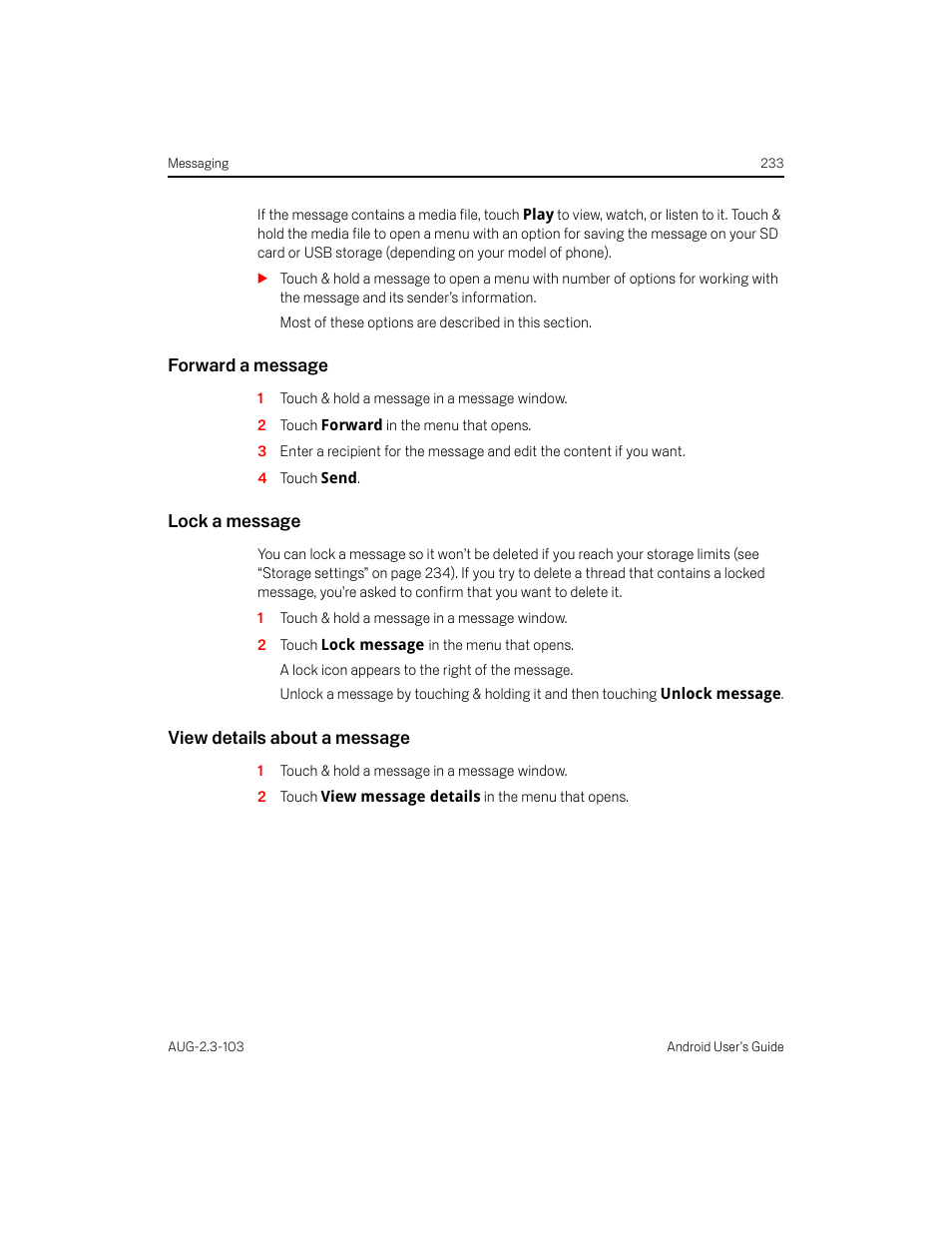 Forward a message, Lock a message, View details about a message | Samsung Android 2.3 User Manual | Page 233 / 380