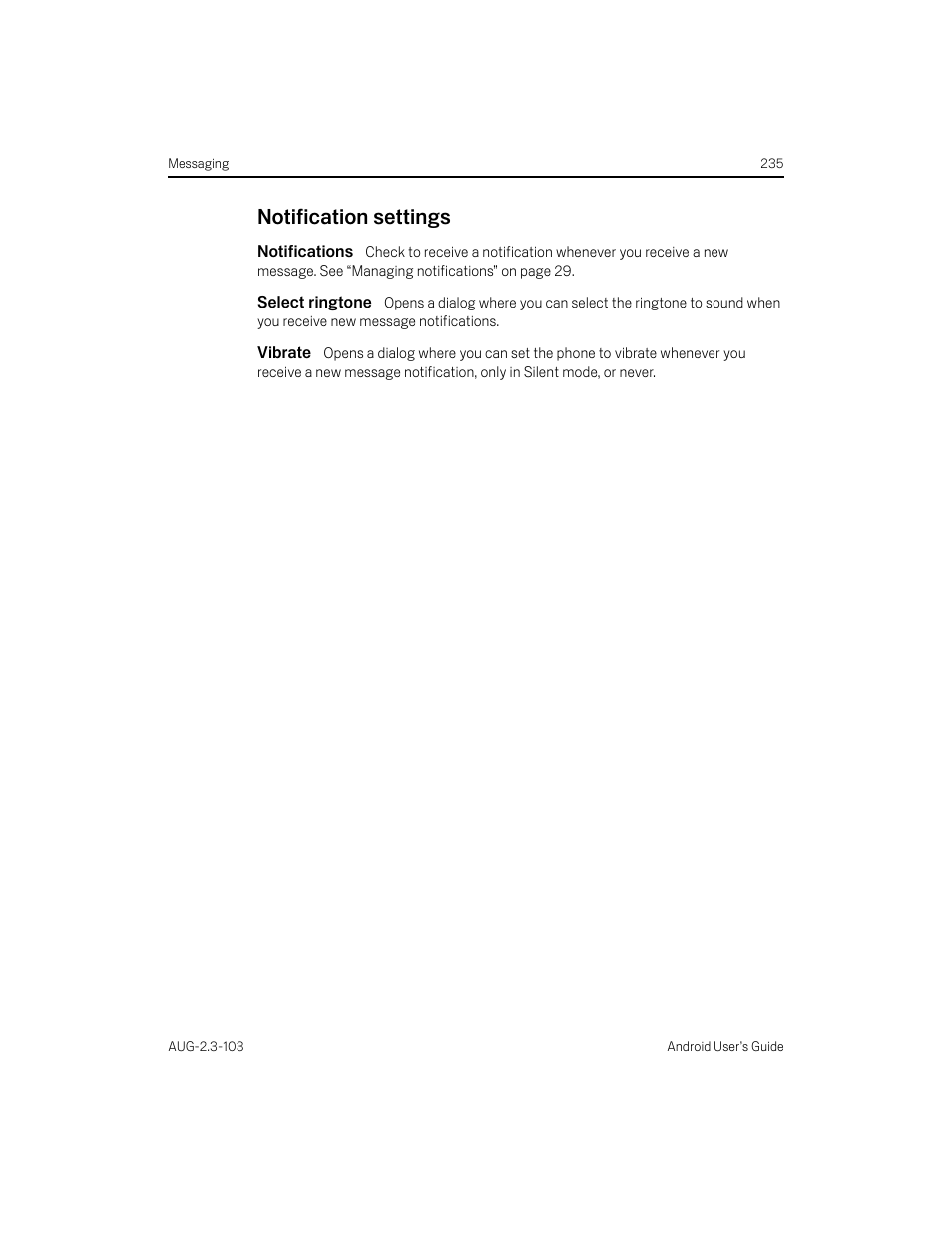 Notification settings, Notifications, Select ringtone | Vibrate, Notification settings 235 | Samsung Android 2.3 User Manual | Page 235 / 380