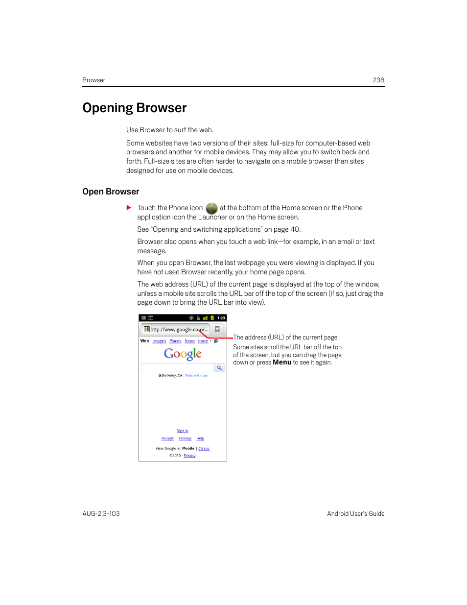 Opening browser, Open browser, Opening browser 238 | Samsung Android 2.3 User Manual | Page 238 / 380