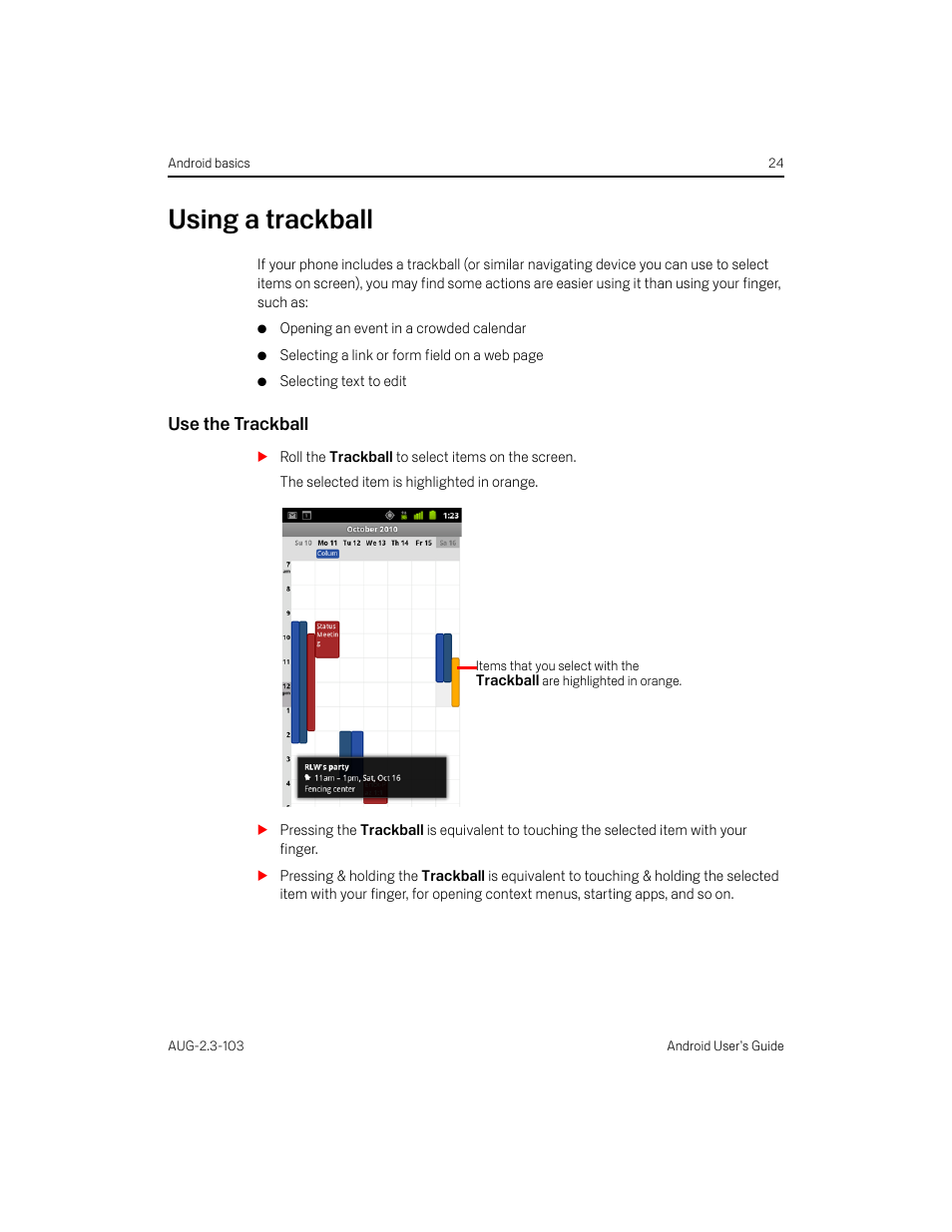 Using a trackball, Use the trackball, Using a trackball 24 | Samsung Android 2.3 User Manual | Page 24 / 380