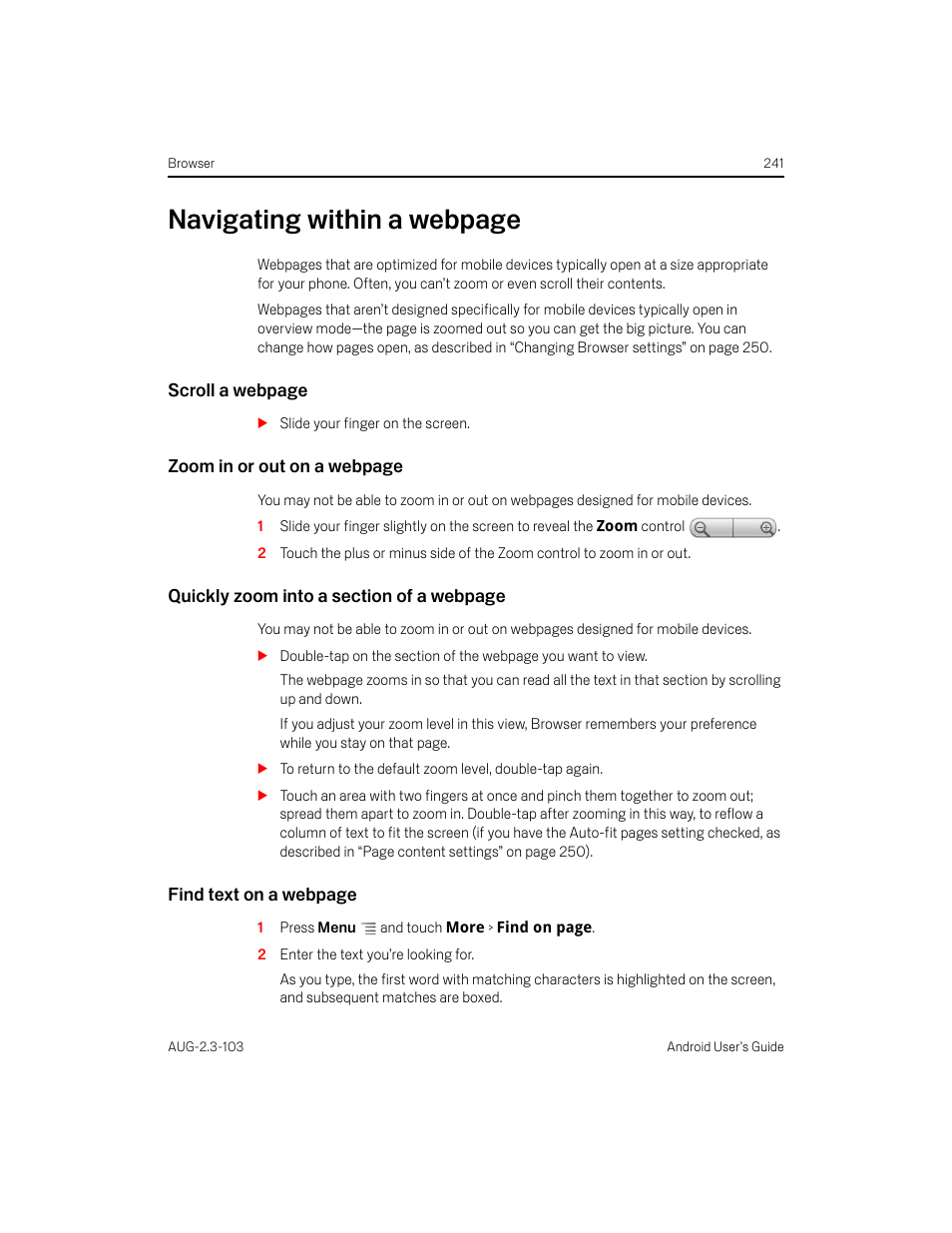 Navigating within a webpage | Samsung Android 2.3 User Manual | Page 241 / 380