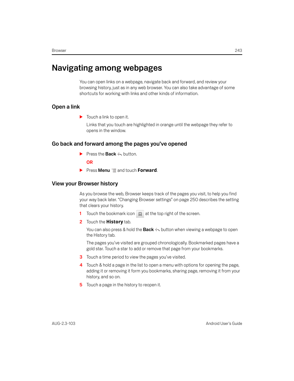 Open a link, View your browser history, Navigating among webpages | Samsung Android 2.3 User Manual | Page 243 / 380