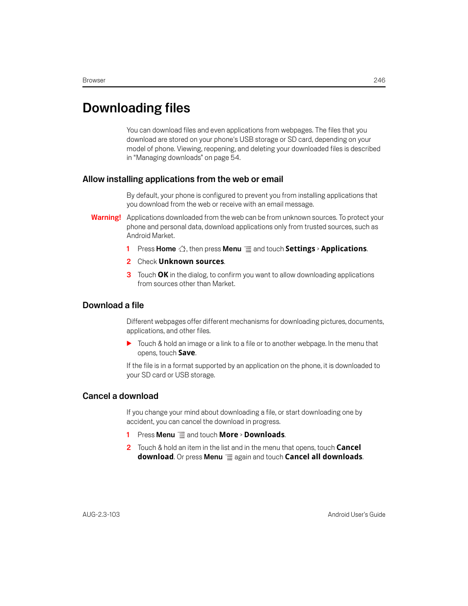 Downloading files, Download a file, Cancel a download | Downloading files 246 | Samsung Android 2.3 User Manual | Page 246 / 380