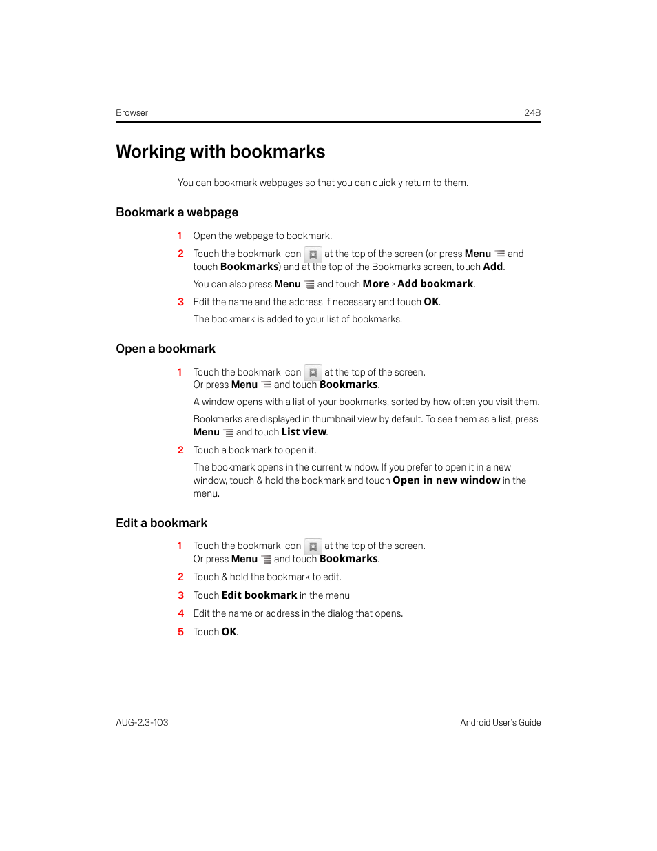 Working with bookmarks, Open a bookmark, Edit a bookmark | Working with bookmarks 248 | Samsung Android 2.3 User Manual | Page 248 / 380