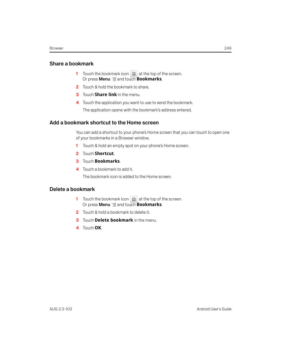 Share a bookmark, Add a bookmark shortcut to the home screen, Delete a bookmark | Samsung Android 2.3 User Manual | Page 249 / 380