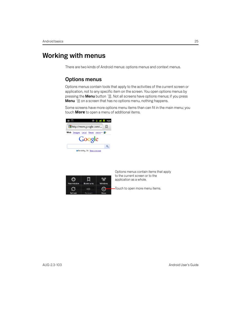 Working with menus, Options menus, Working with menus 25 | Options menus 25 | Samsung Android 2.3 User Manual | Page 25 / 380