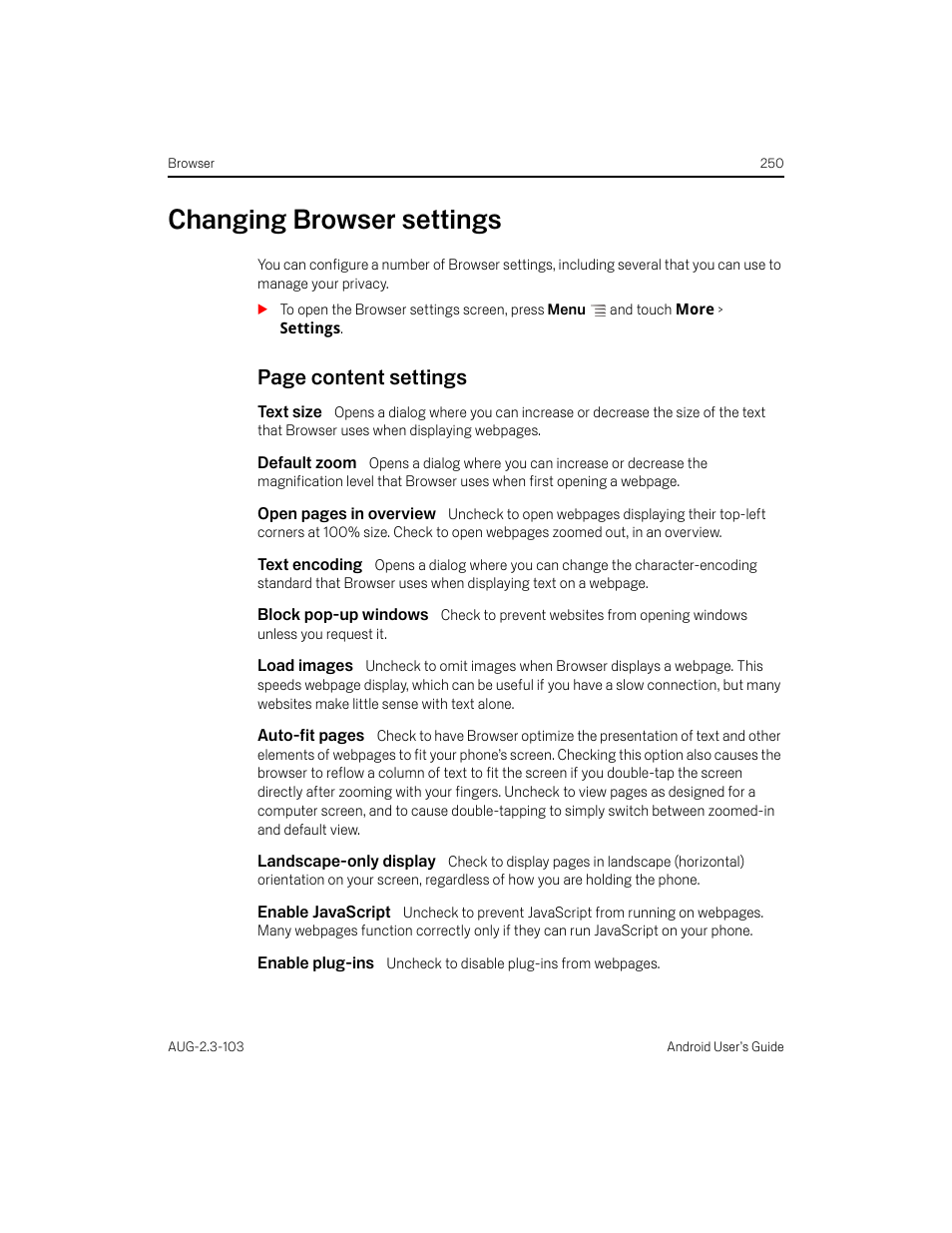 Changing browser settings, Text size, Default zoom | Text encoding, Block pop-up windows, Load images, Landscape-only display, Enable javascript, Enable plug-ins, Changing browser settings 250 | Samsung Android 2.3 User Manual | Page 250 / 380