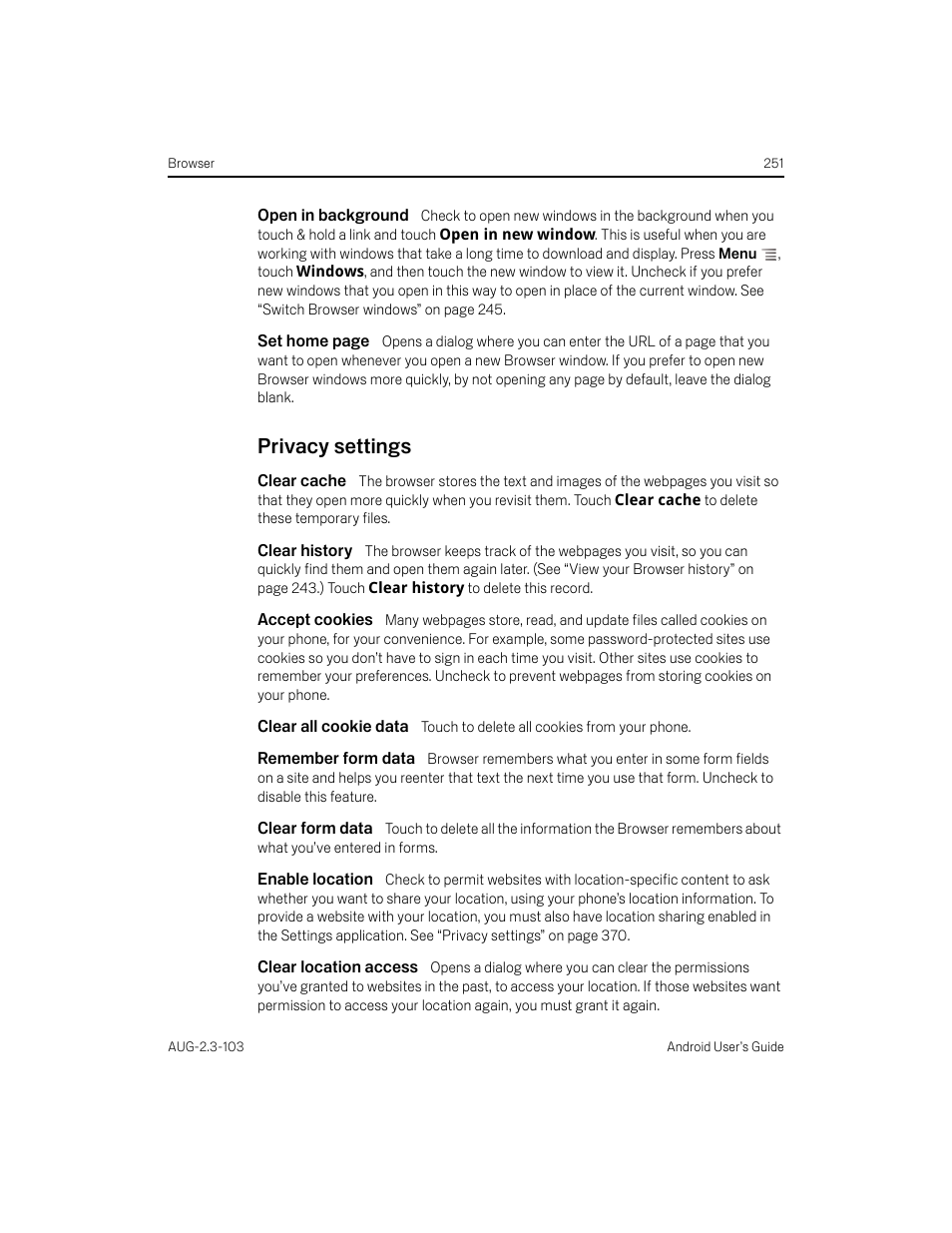 Open in background, Privacy settings, Clear cache | Clear history, Accept cookies, Clear all cookie data, Remember form data, Clear form data, Enable location, Clear location access | Samsung Android 2.3 User Manual | Page 251 / 380