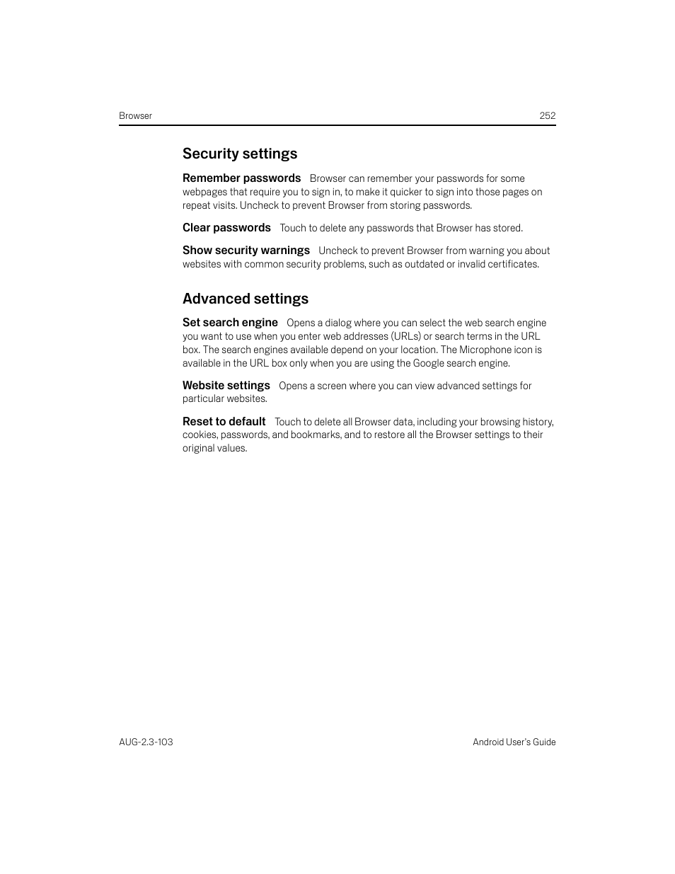 Security settings, Remember passwords, Clear passwords | Show security warnings, Advanced settings, Set search engine, Website settings, Reset to default, Security settings 252 advanced settings 252 | Samsung Android 2.3 User Manual | Page 252 / 380