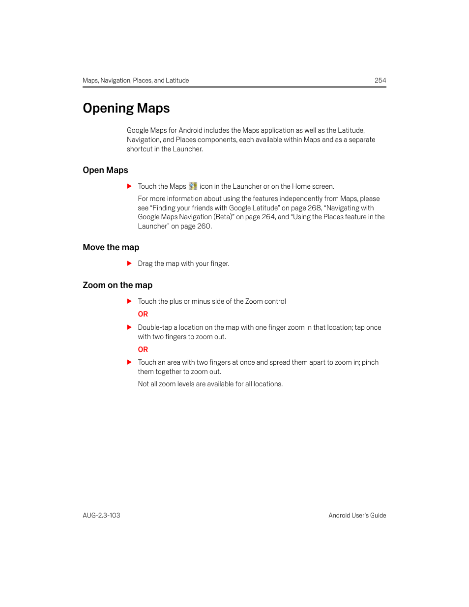 Opening maps, Open maps, Move the map | Zoom on the map, Opening maps 254 | Samsung Android 2.3 User Manual | Page 254 / 380