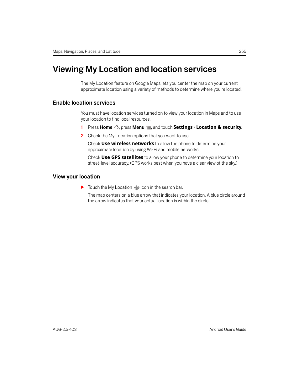 Viewing my location and location services, Enable location services, View your location | Viewing my location and location services 255 | Samsung Android 2.3 User Manual | Page 255 / 380