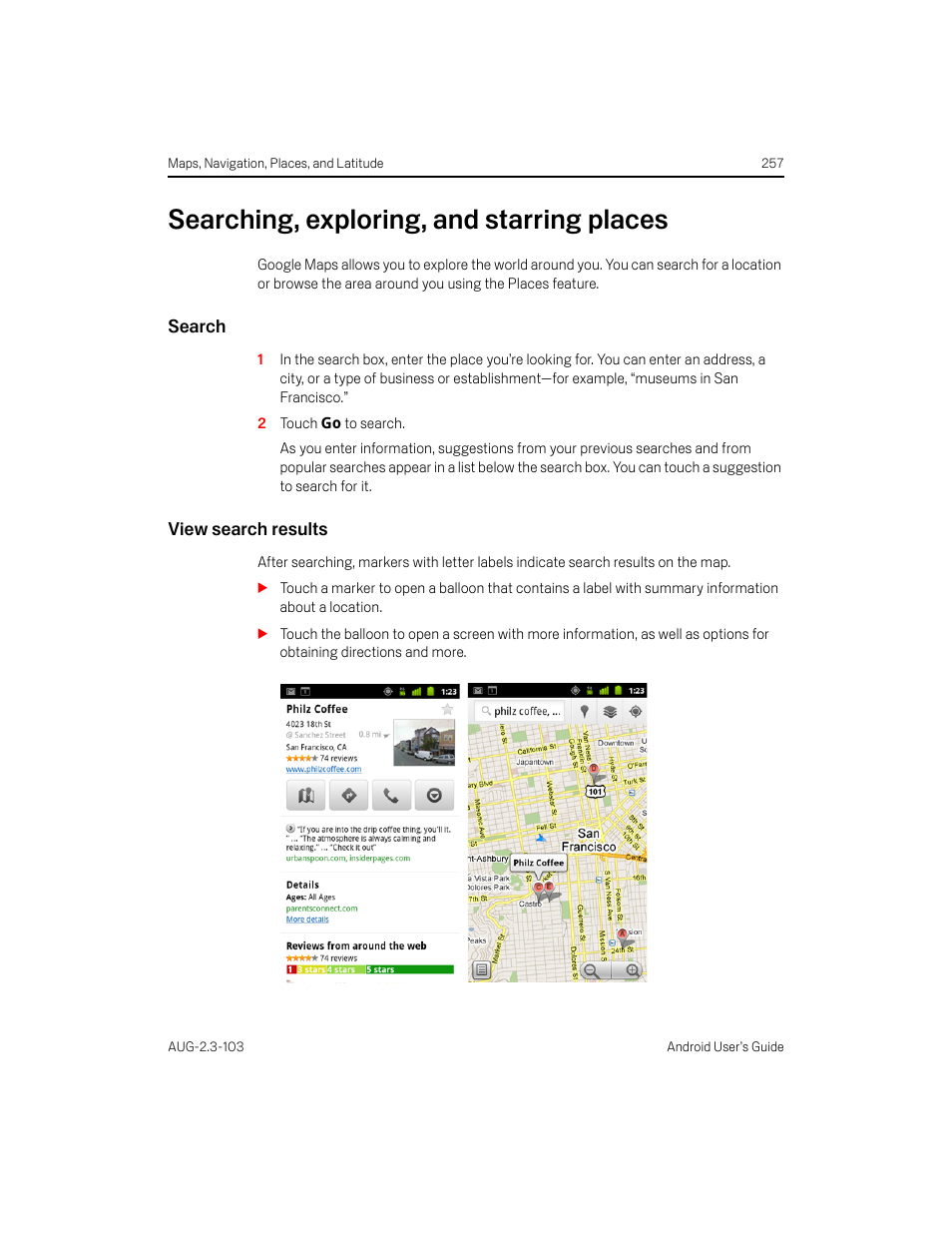 Searching, exploring, and starring places, Search, View search results | Searching, exploring, and starring places 257 | Samsung Android 2.3 User Manual | Page 257 / 380