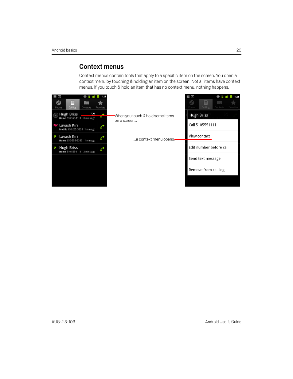 Context menus, Context menus 26 | Samsung Android 2.3 User Manual | Page 26 / 380