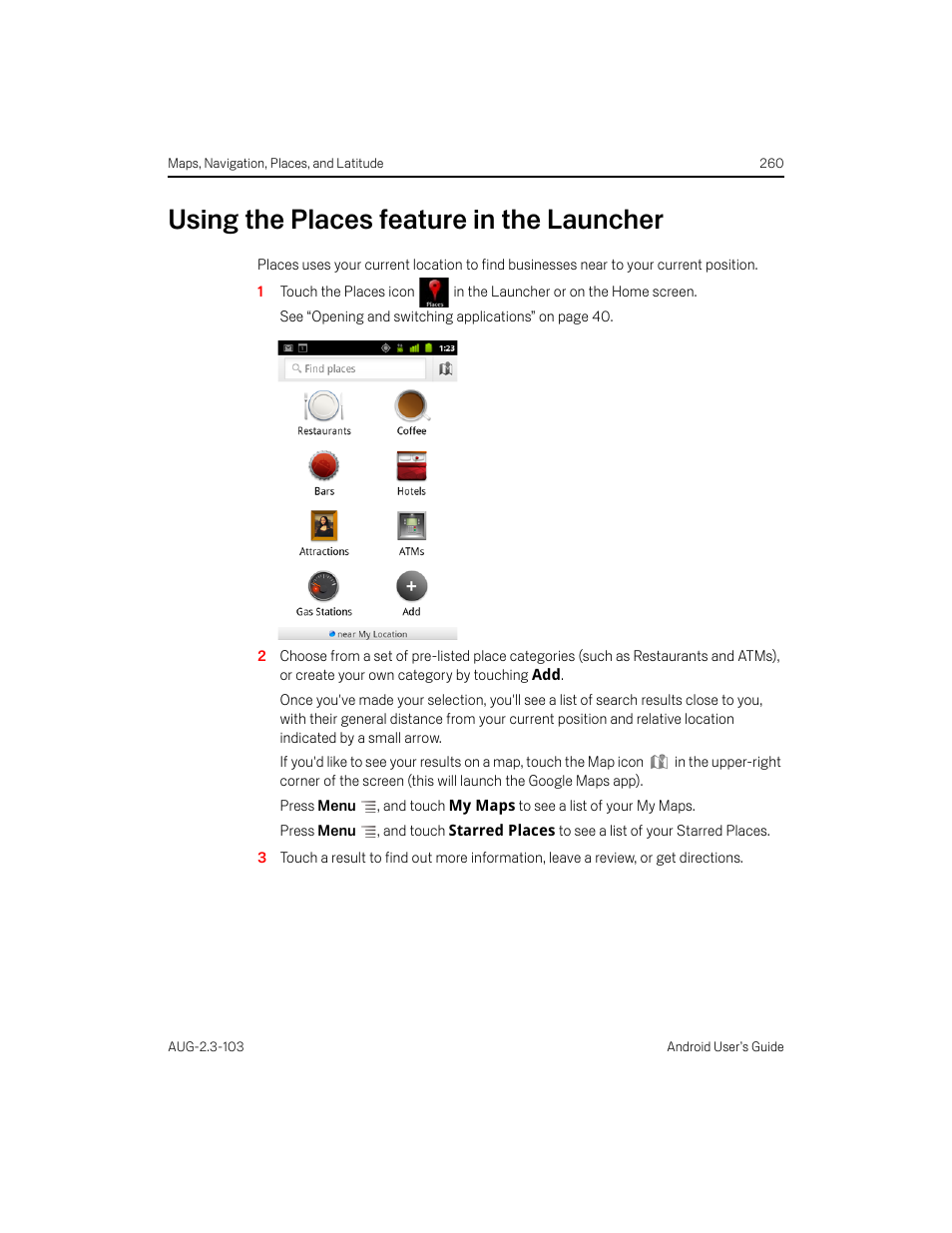 Using the places feature in the launcher, Using the places feature in the launcher 260 | Samsung Android 2.3 User Manual | Page 260 / 380