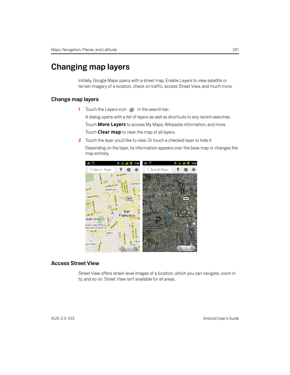 Changing map layers, Change map layers, Access street view | Changing map layers 261 | Samsung Android 2.3 User Manual | Page 261 / 380