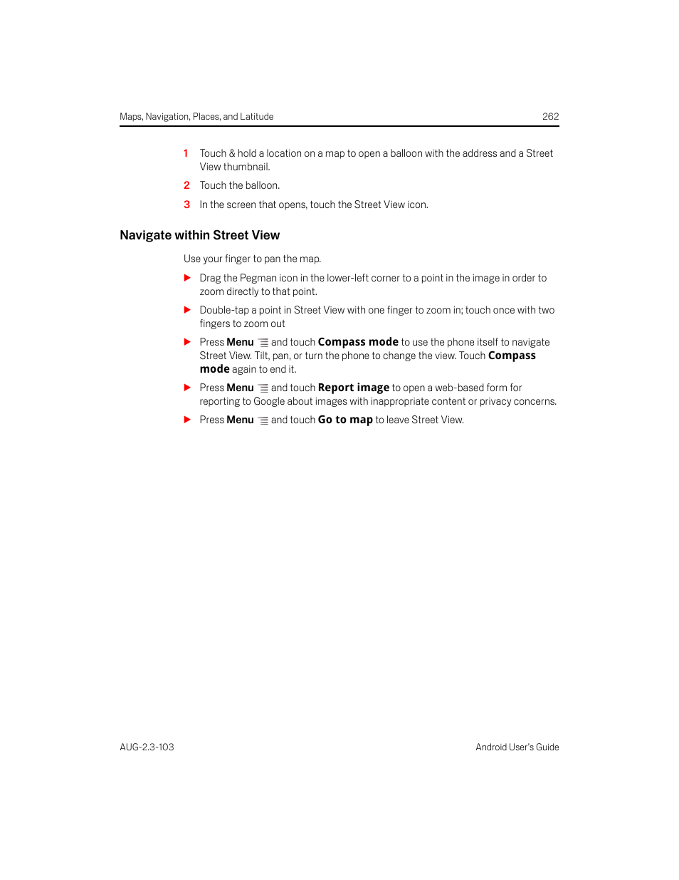 Navigate within street view | Samsung Android 2.3 User Manual | Page 262 / 380