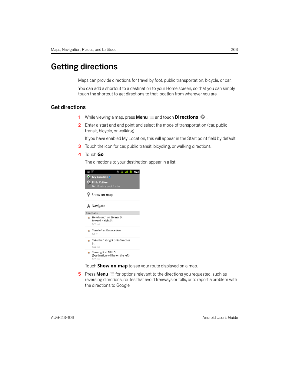 Getting directions, Get directions, Getting directions 263 | Samsung Android 2.3 User Manual | Page 263 / 380