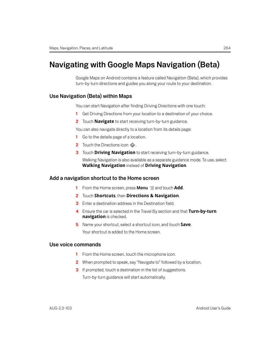 Navigating with google maps navigation (beta), Use navigation (beta) within maps, Add a navigation shortcut to the home screen | Use voice commands, Navigating with google maps navigation (beta) 264 | Samsung Android 2.3 User Manual | Page 264 / 380