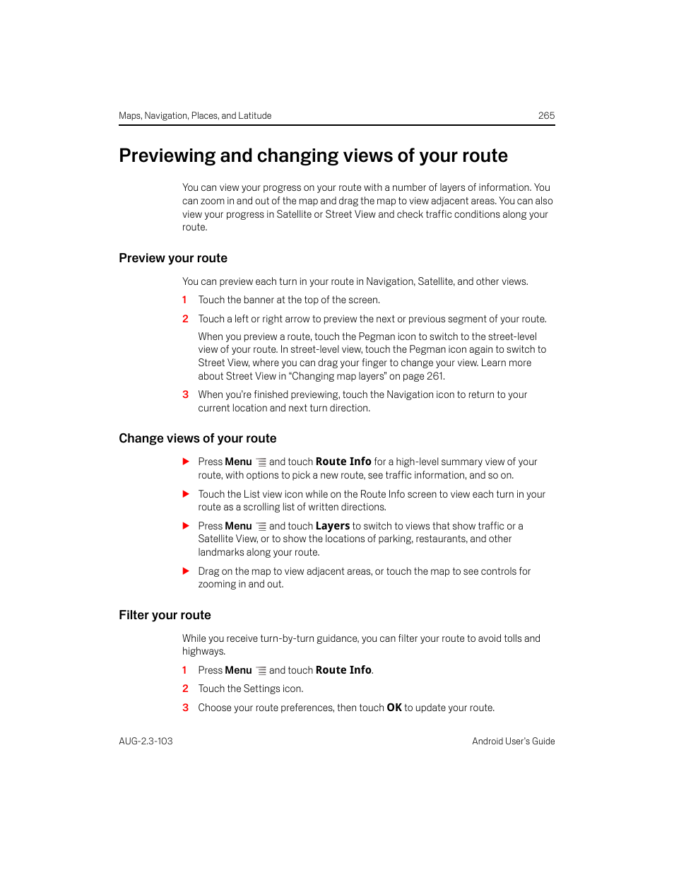 Previewing and changing views of your route, Preview your route, Change views of your route | Filter your route, Previewing and changing views of your route 265 | Samsung Android 2.3 User Manual | Page 265 / 380