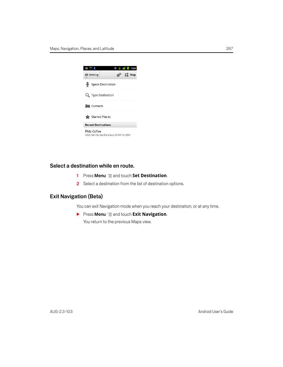 Select a destination while en route, Exit navigation (beta) | Samsung Android 2.3 User Manual | Page 267 / 380