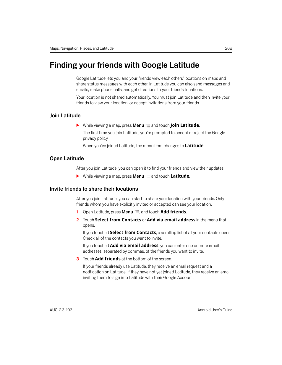 Finding your friends with google latitude, Join latitude, Open latitude | Invite friends to share their locations, Finding your friends with google latitude 268 | Samsung Android 2.3 User Manual | Page 268 / 380