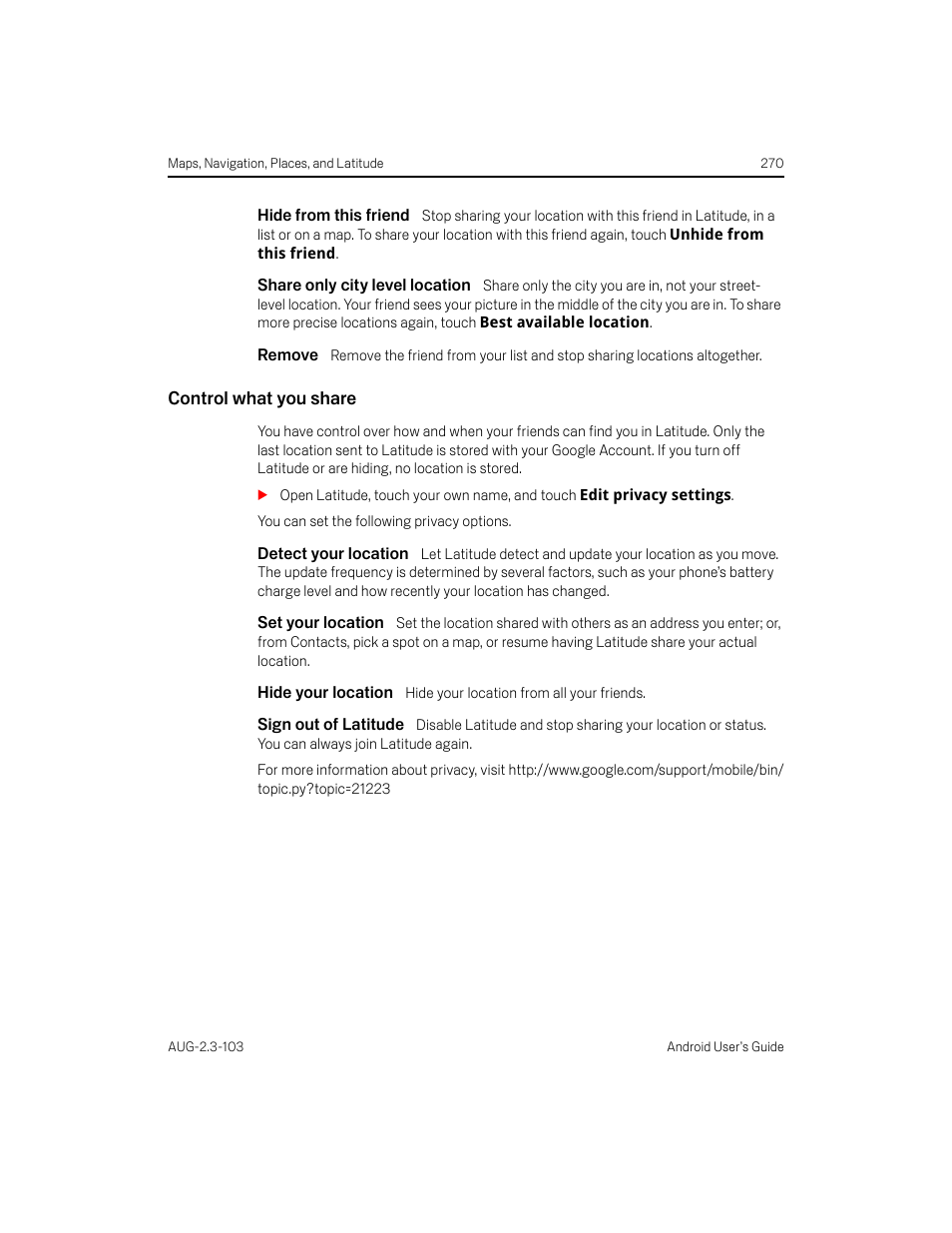 Hide from this friend, Share only city level location, Remove | Control what you share, Detect your location, Set your location, Hide your location, Sign out of latitude | Samsung Android 2.3 User Manual | Page 270 / 380