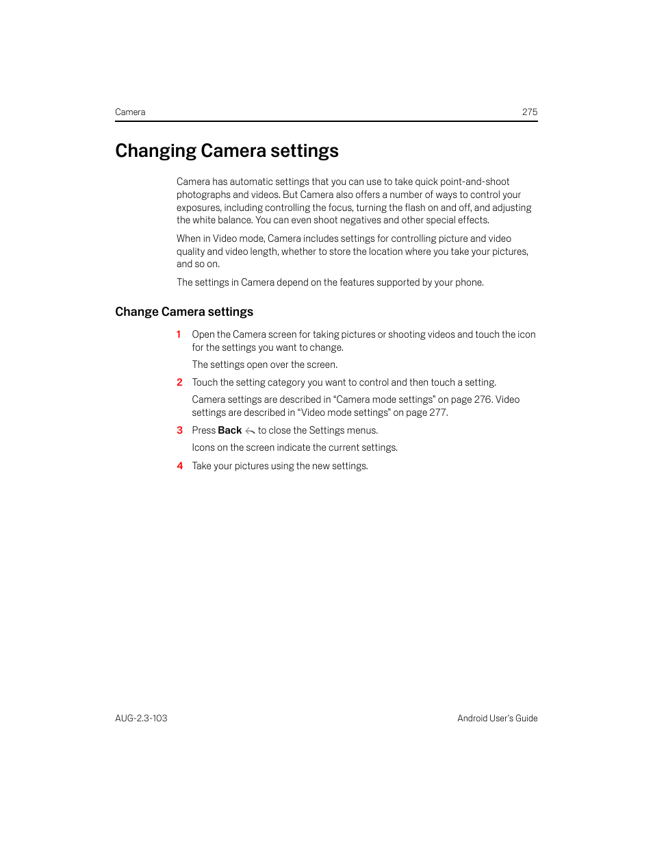 Changing camera settings, Change camera settings, Changing camera settings 275 | Samsung Android 2.3 User Manual | Page 275 / 380