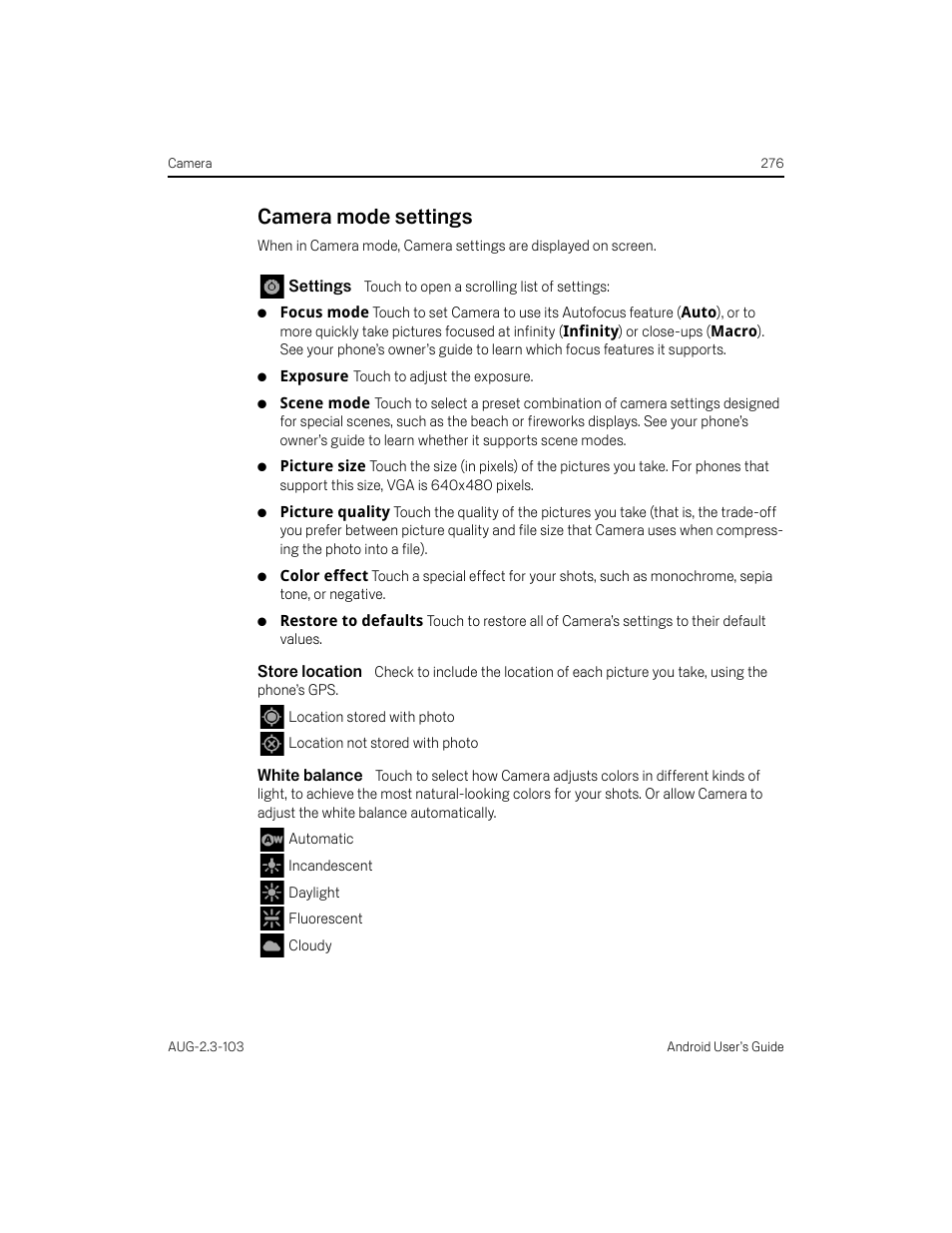 Camera mode settings, Settings, Store location | White balance, Camera mode settings 276 | Samsung Android 2.3 User Manual | Page 276 / 380