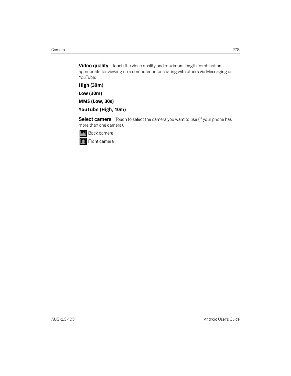 Video quality, Select camera | Samsung Android 2.3 User Manual | Page 278 / 380