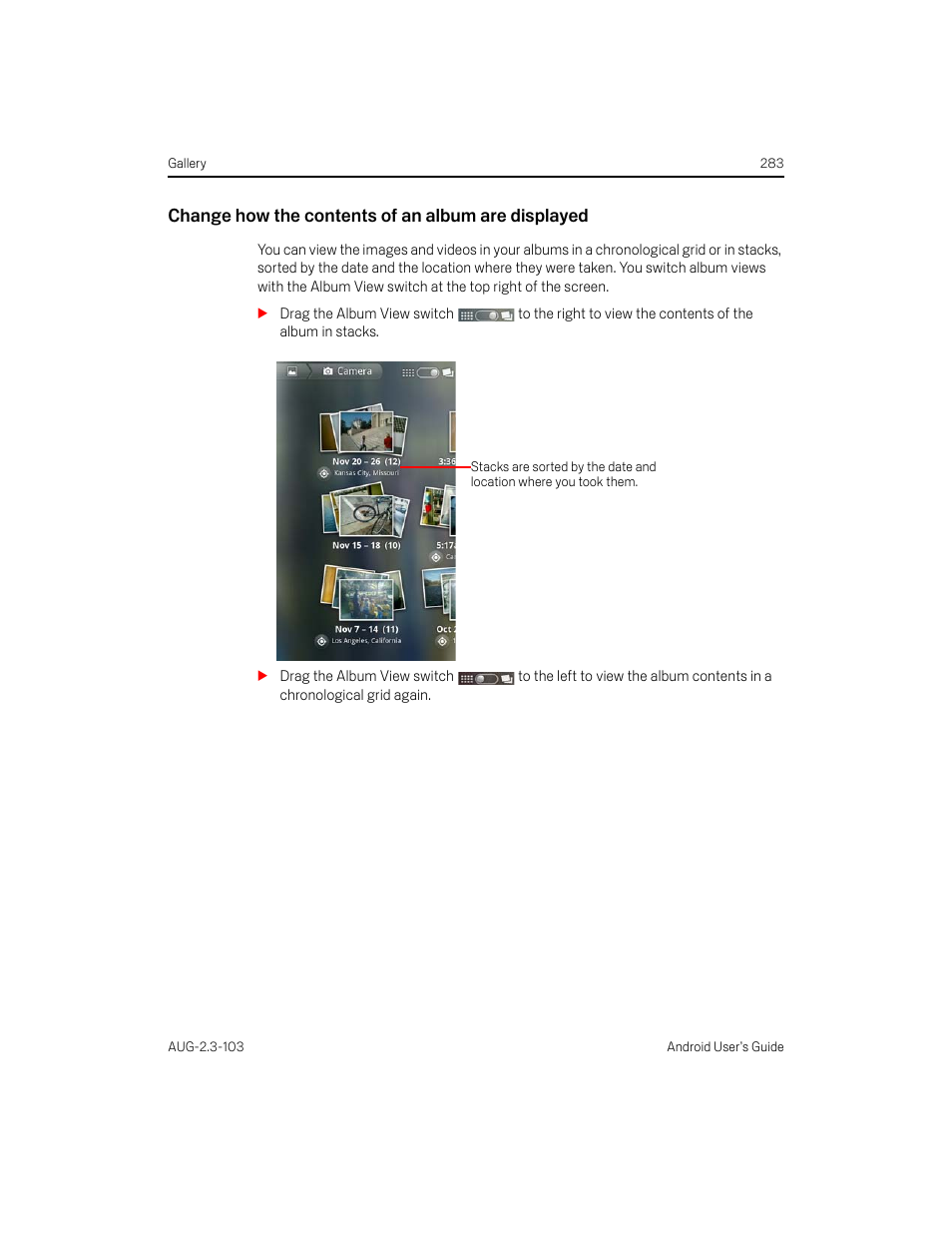 Change how the contents of an album are displayed | Samsung Android 2.3 User Manual | Page 283 / 380