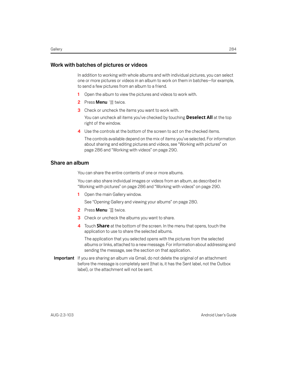 Work with batches of pictures or videos, Share an album | Samsung Android 2.3 User Manual | Page 284 / 380