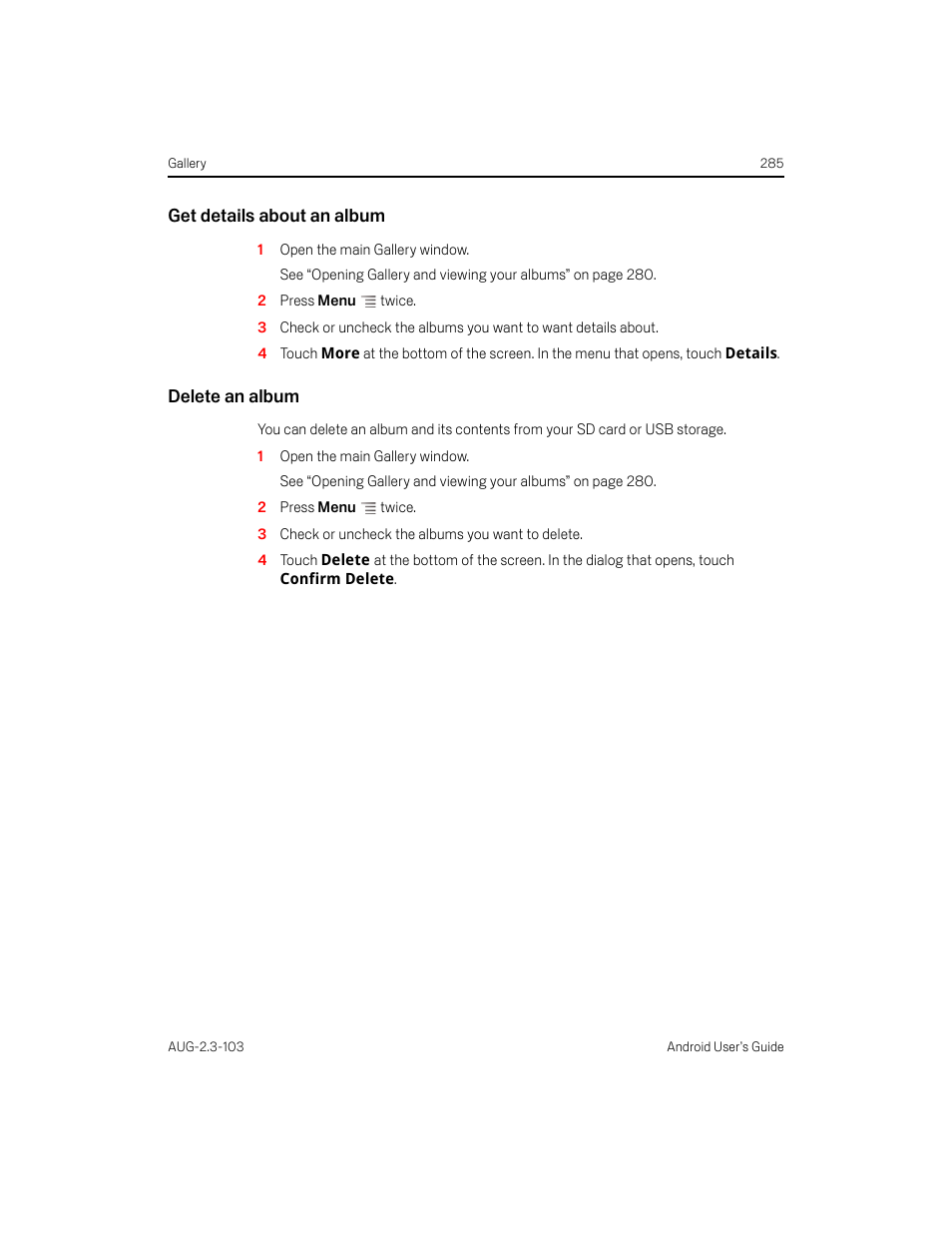 Get details about an album, Delete an album | Samsung Android 2.3 User Manual | Page 285 / 380