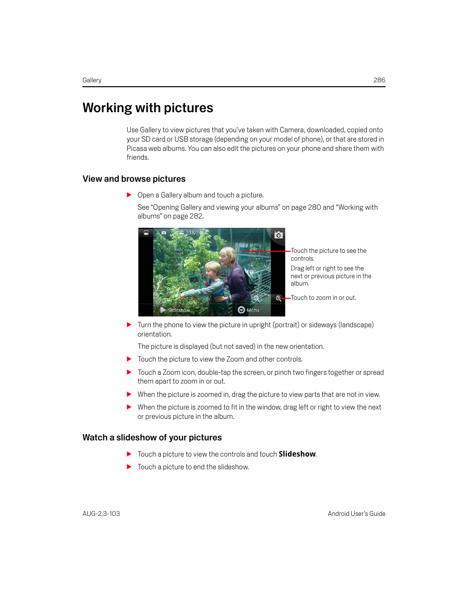 Working with pictures, View and browse pictures, Watch a slideshow of your pictures | Working with pictures 286 | Samsung Android 2.3 User Manual | Page 286 / 380