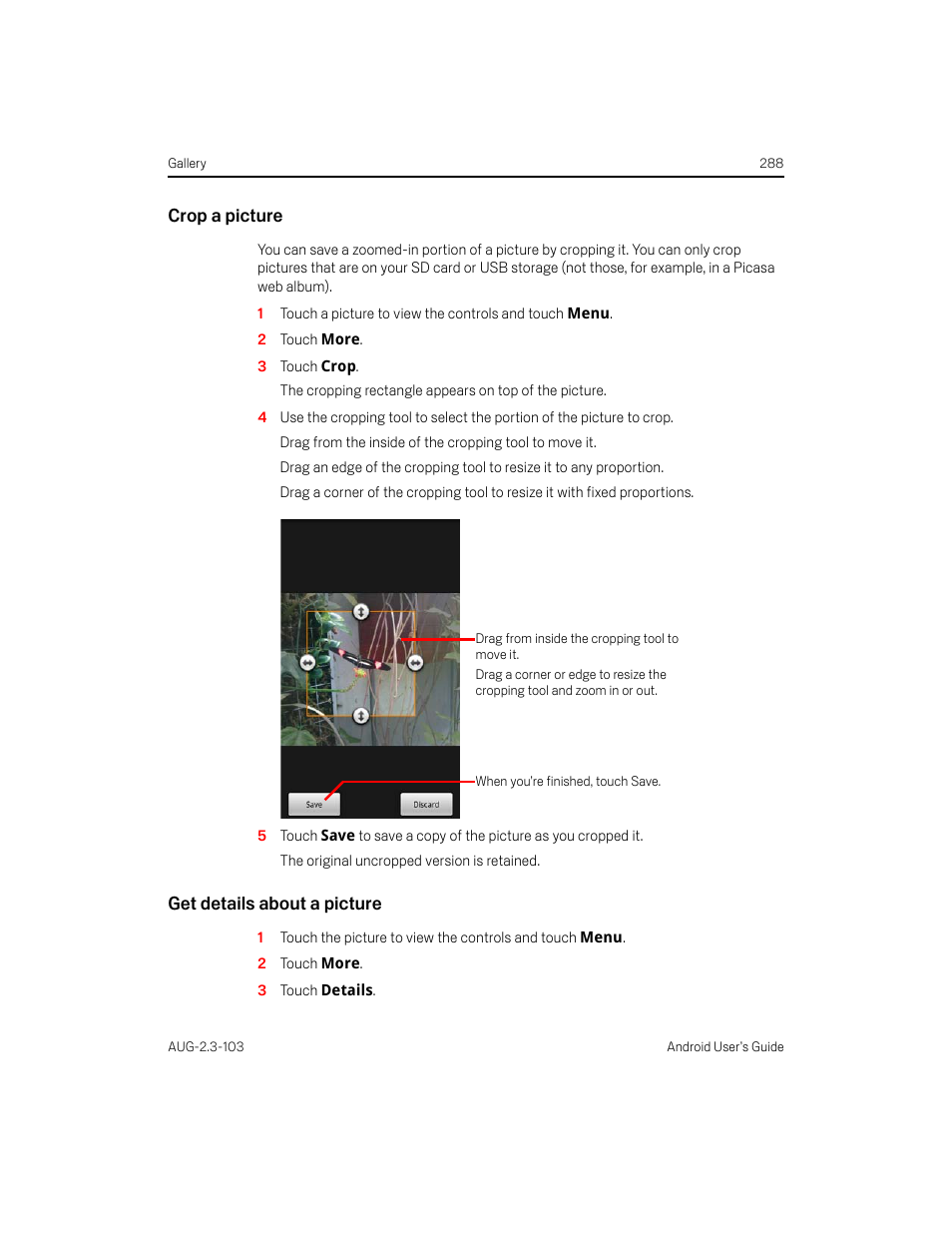 Crop a picture, Get details about a picture | Samsung Android 2.3 User Manual | Page 288 / 380
