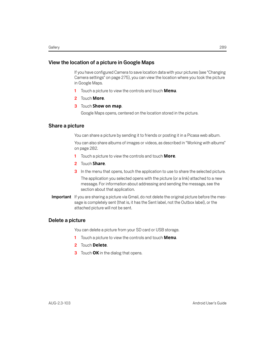 View the location of a picture in google maps, Share a picture, Delete a picture | Samsung Android 2.3 User Manual | Page 289 / 380
