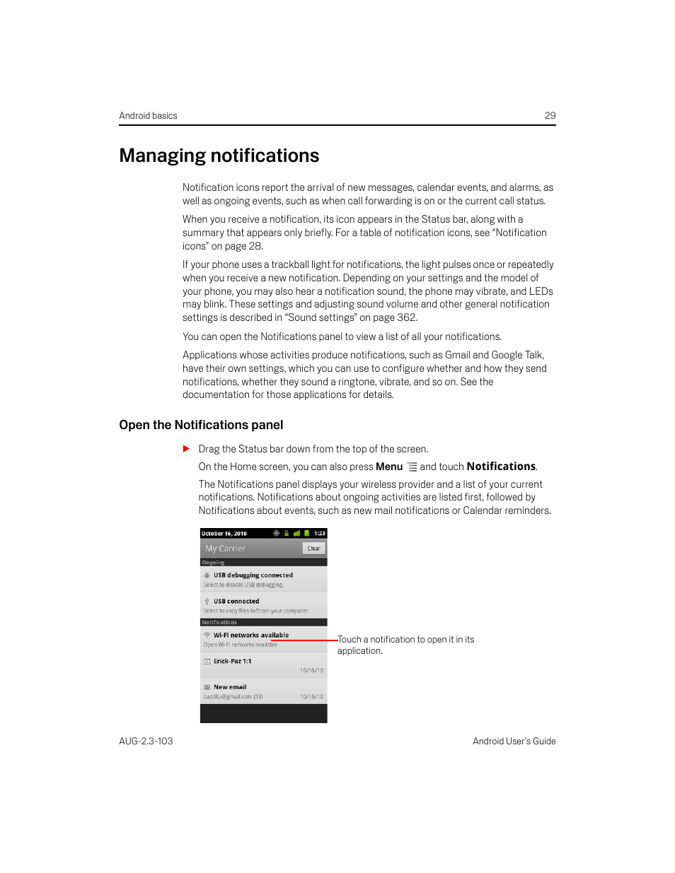 Managing notifications, Open the notifications panel, Managing notifications 29 | Samsung Android 2.3 User Manual | Page 29 / 380