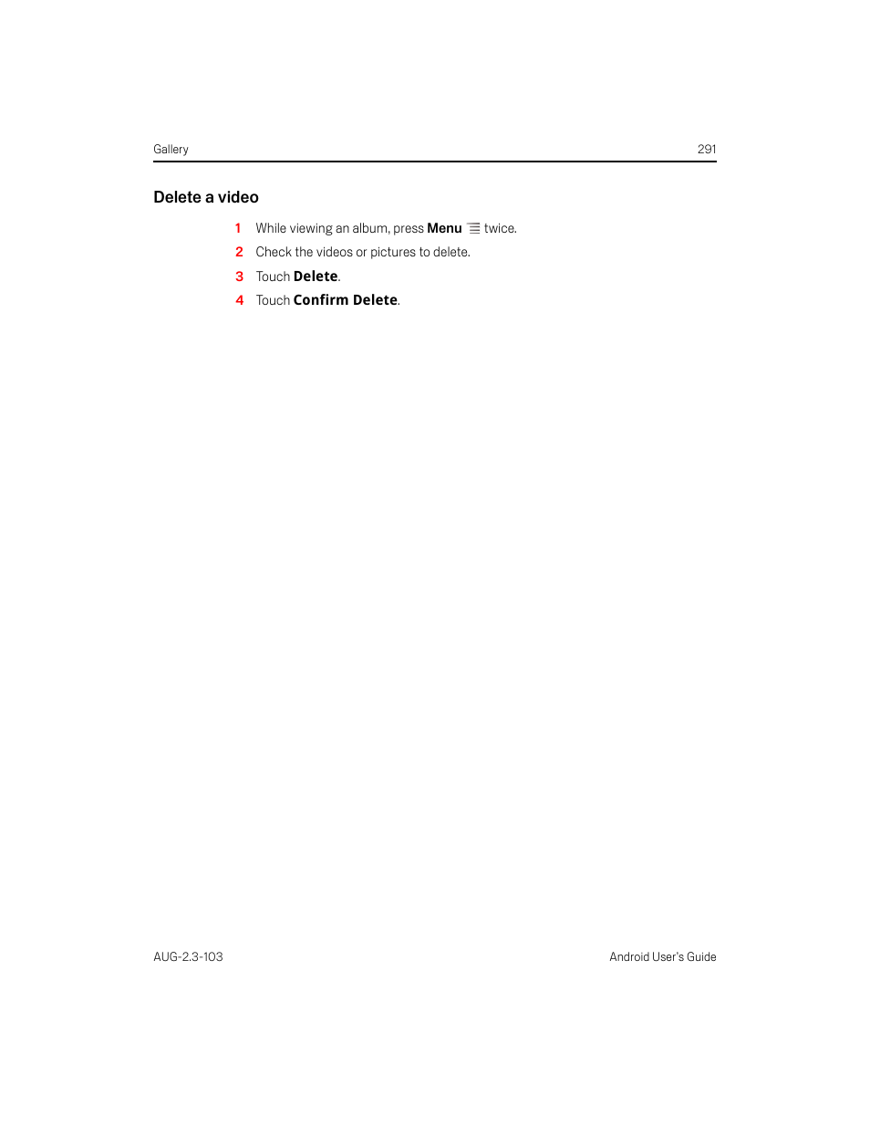 Delete a video | Samsung Android 2.3 User Manual | Page 291 / 380