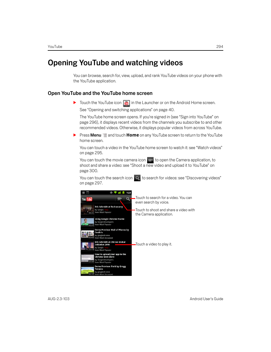 Opening youtube and watching videos, Open youtube and the youtube home screen, Opening youtube and watching videos 294 | Samsung Android 2.3 User Manual | Page 294 / 380