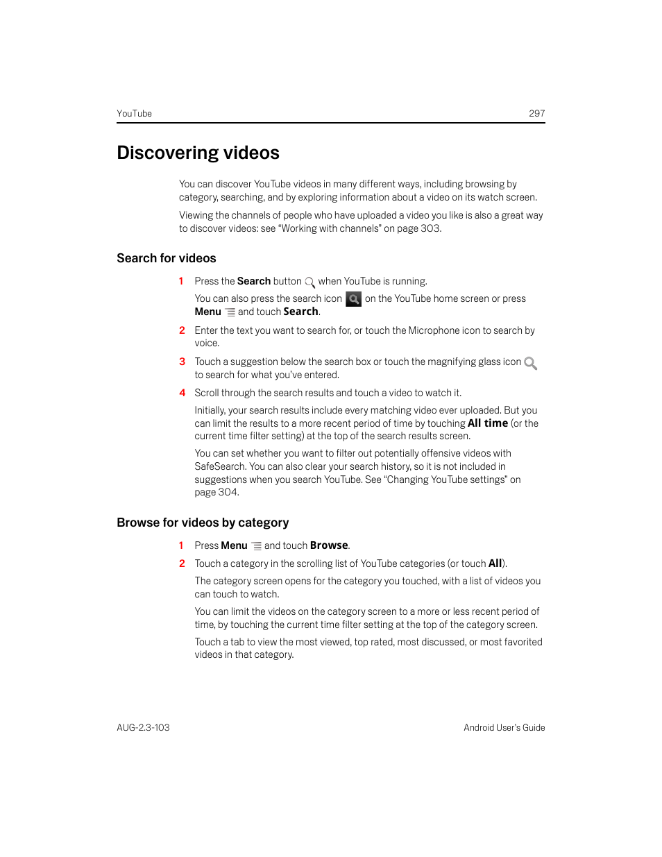 Discovering videos, Search for videos, Browse for videos by category | Discovering videos 297, Ee “discovering videos | Samsung Android 2.3 User Manual | Page 297 / 380