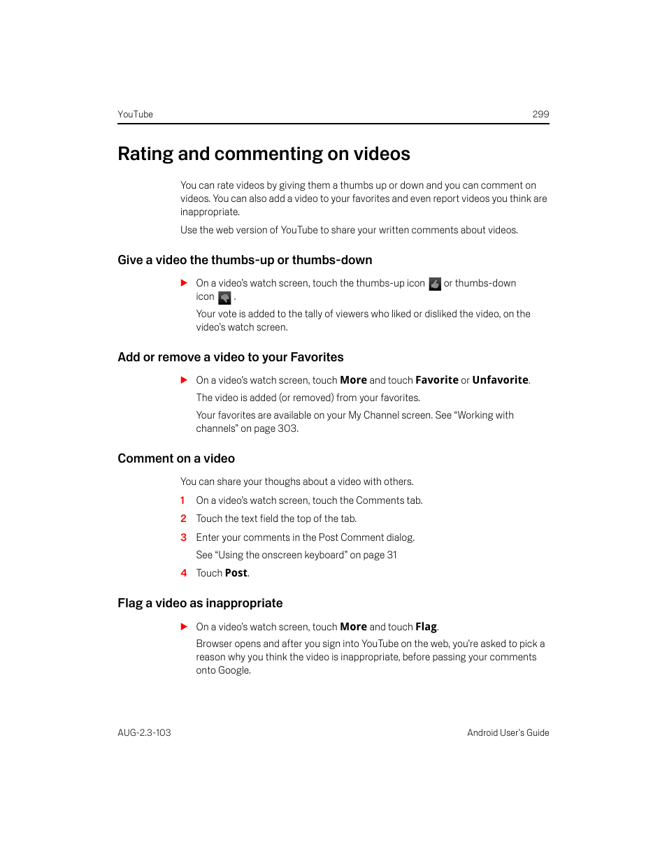 Rating and commenting on videos, Give a video the thumbs-up or thumbs-down, Add or remove a video to your favorites | Comment on a video, Flag a video as inappropriate, Rating and commenting on videos 299 | Samsung Android 2.3 User Manual | Page 299 / 380